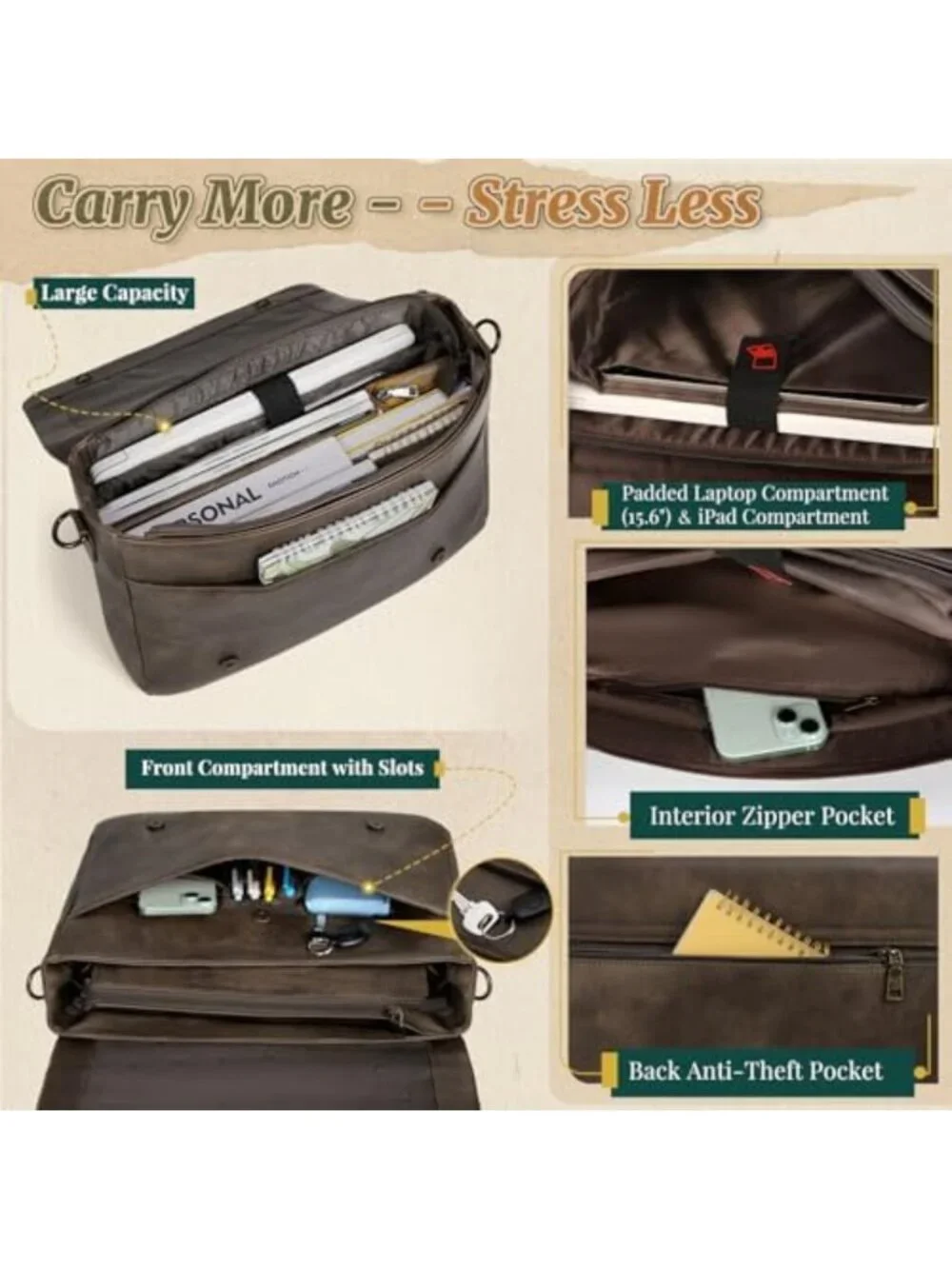 Vintage PU Leather Messenger Bag for Men - 15.6